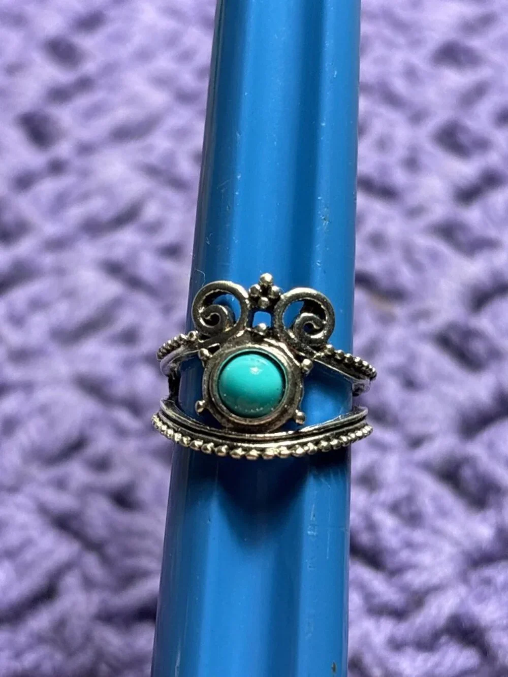 Boho Silvertone Faux Turquoise Cabochon Ring Size 7